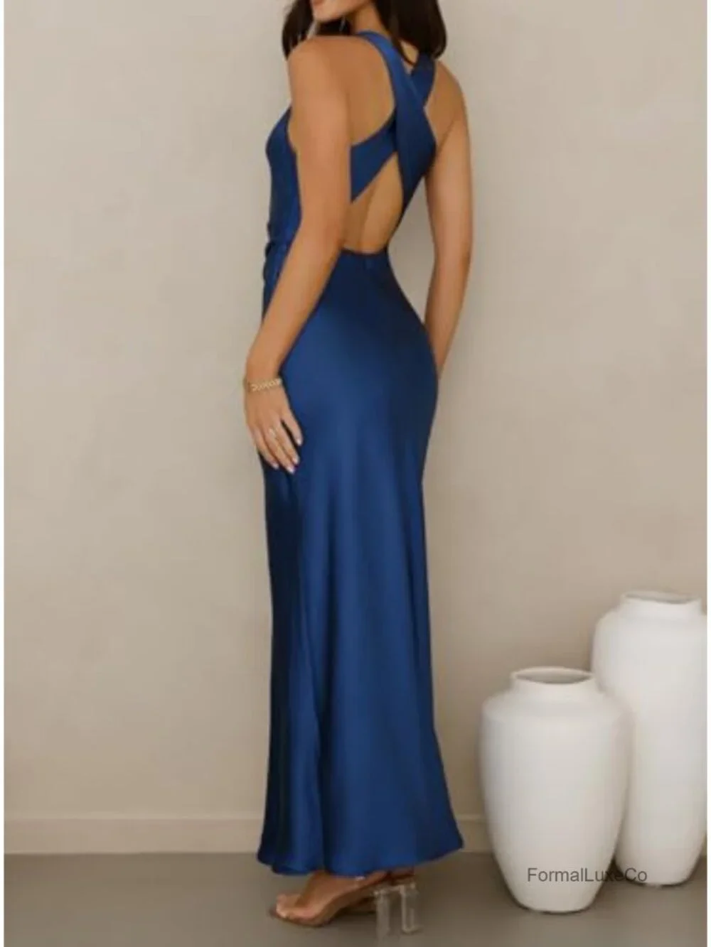 Satin High Neck Backless Maxi Dress Formal Wedding Guest Bridesmaid